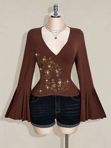 SHEIN ICON 大码女式复古长袖翻领喇叭袖上衣，舒适时尚，适合居家、旅行、秋冬季穿着。 - 棕色 - 查看 3