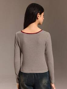 少女休闲百搭条纹圆领开衫长袖T恤，秋冬季 - 酒紅色 - 查看 2