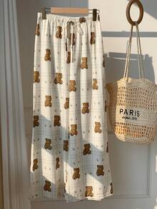 SHEIN EZwear 女士格子卡通熊印花抽绳腰阔腿休闲裤 - 杏色 - 查看 5