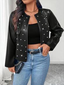 SHEIN PETITE 娇小女款铆钉装饰圆领街头朋克风短款PU皮夹克