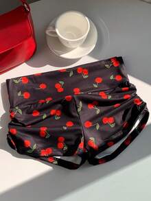 SHEIN EZwear Quần short ôm vừa vặn in họa tiết quả anh đào giản dị mùa hè dành cho nữ - màu đen - Xem 4