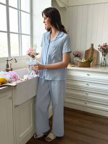 Snug Reverie 2pcs Women 100% Cotton Jacquard Romantic Fresh Blue Short Sleeve Pajama Set Light Blue Pajama Set Light Blue Pj Set - Baby Blue - View 6