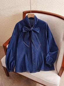 EMERY ROSE Women's Solid Color Lace-Up Front Button Long Sleeve Denim Blouse