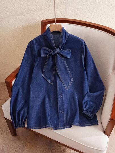 EMERY ROSE Women's Solid Color Lace-Up Front Button Long Sleeve Denim Blouse