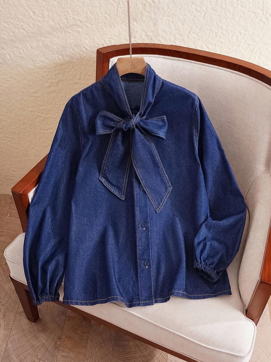 EMERY ROSE Women's Solid Color Lace-Up Front Button Long Sleeve Denim Blouse