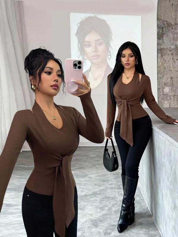 Elenzga Women's Elegant Solid Color Halter Neck 2 In 1 Tie Waist Knit Top Brown Long Sleeve Top Dark Brown Top Chocolate Brown Top Coffee Brown Top