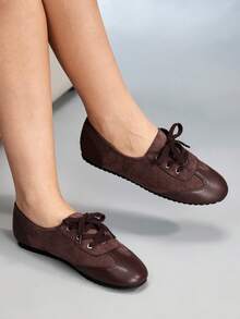 CUCCOO GRLICON Women's Square Toe Lace-Up Design Casual Flat Shoes For Christmas Valentine's Day - Coffee Brown - View 3