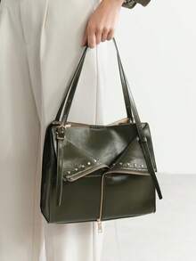 SHECARRY Women's Tote Bag, Oil Wax PU Material, Large Capacity Rivet Shoulder Commuter Bag - Dark Green - View 1