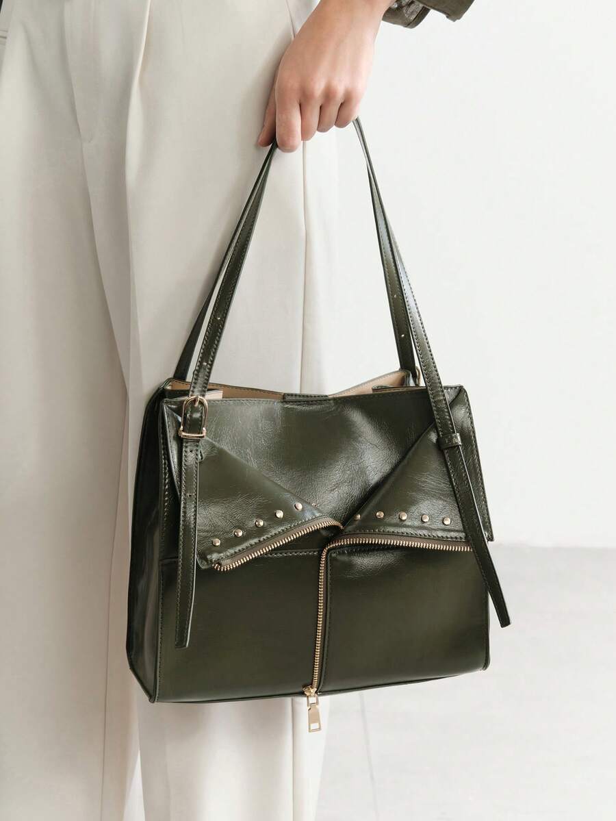 SHECARRY Women's Tote Bag, Oil Wax PU Material, Large Capacity Rivet Shoulder Commuter Bag - Dark Green - View 1