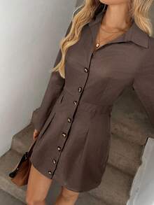 Easowa 纽扣前开襟长袖休闲宽松通勤复古风女式短裙 - 棕色 - 查看 3