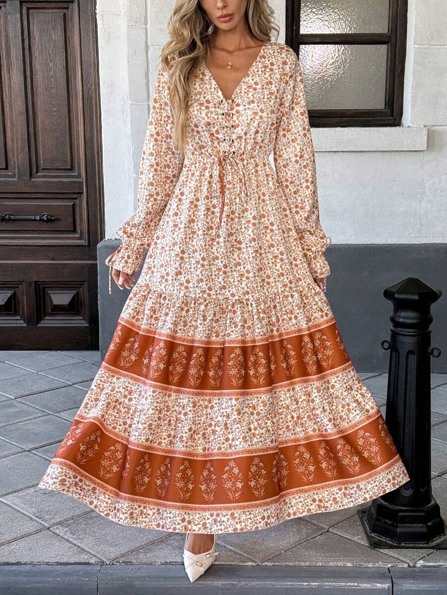 Breezaya Đầm maxi in hoa, thắt nút phía trước, tay bồng, gấu đầm xếp ly, thích hợp cho năm mới. - Nhiều màu - Xem 1