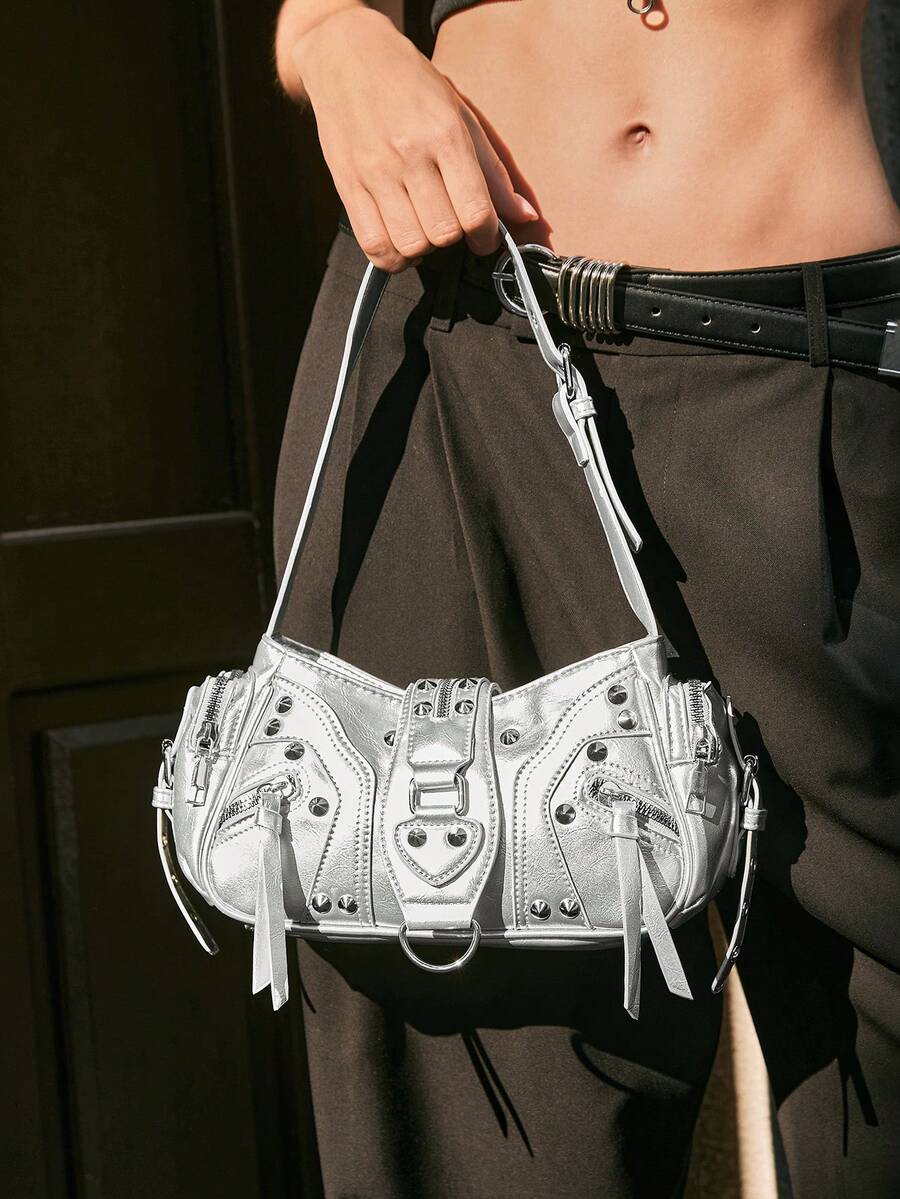 女士单肩包，流浪包，时尚，个性化，简约，百搭，街头风，甜美酷女孩，性感女孩，Y2K，铆钉，机车风，朋克，青少年 - 銀色 - 查看 1