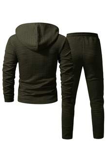 Manfinity Homme 男士纯色长袖抽绳连帽休闲运动套装，男士休闲套装，男士两件套运动服，男士连帽衫和运动裤套装，男士慢跑套装两件套，男士套装，适合复古风格、日常休闲、周末旅行、户外活动、探险旅行、轻松的工作环境或半正式场合，可作为男友/丈夫礼物、周年纪念/生日礼物、派对、暑假、新年、婚礼、情人节礼物。 - 軍綠色 - 查看 3