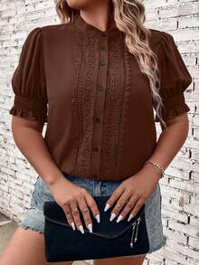 Breezaya Áo kiểu dáng thanh lịch, màu trơn, cổ đứng, tay raglan, phối ren, dành cho người có vóc dáng lớn. - Cà phê nâu - Xem 6