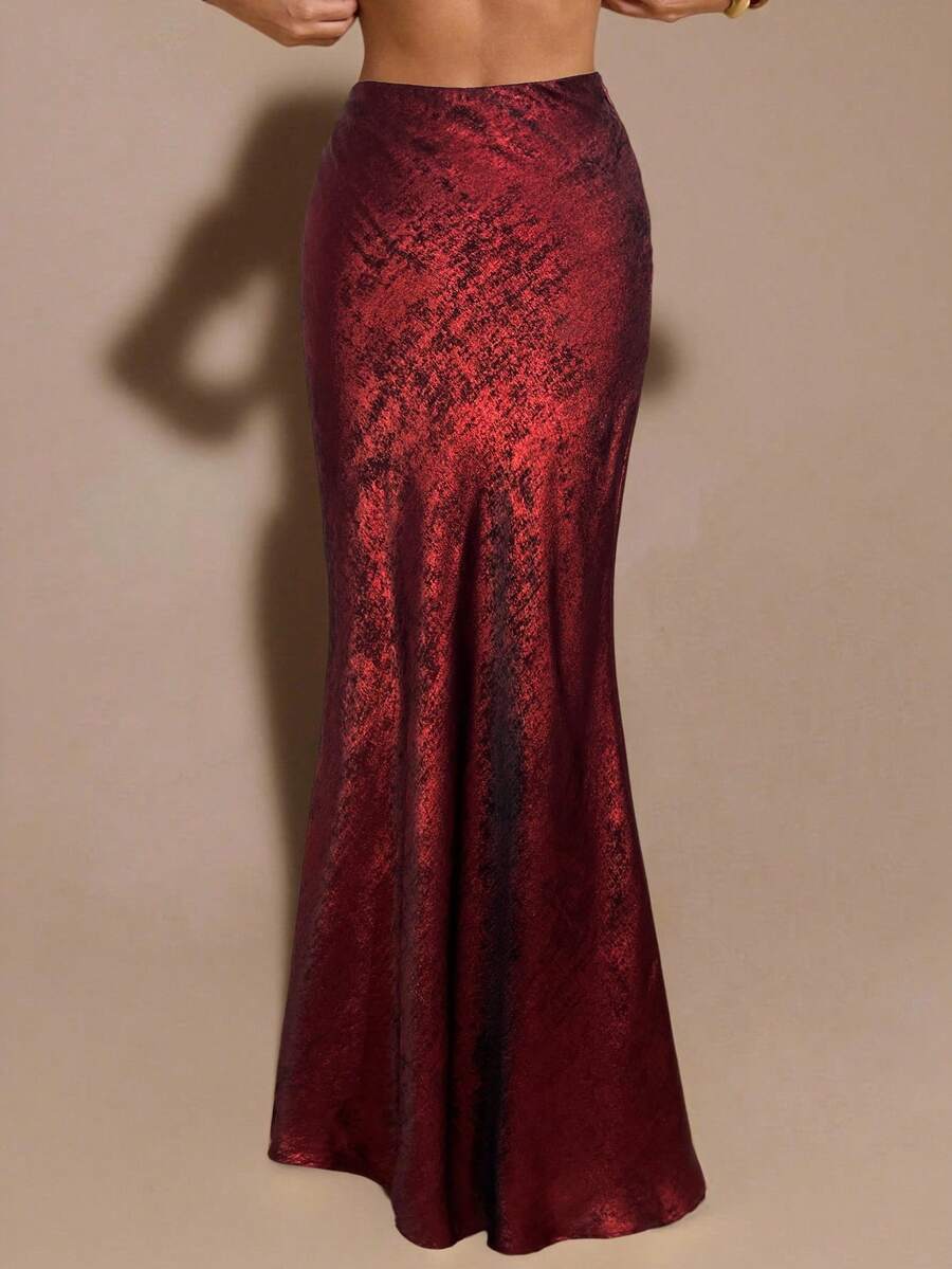 SHEIN BAE 金色纹理低腰超长鱼尾裙，金色半身裙，秋季半身裙，适合夜店派对、外出、秋季女装、复古富贵风、工作/办公室、商务休闲场合。 - 紅色 - 查看 1
