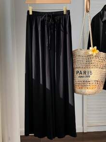 SHEIN EZwear Women Spring/Summer Casual Solid Color Drawstring Wide Leg Pants - Black - View 7
