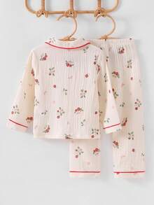 Young Girls Seersucker Strawberry Print Collar Long Sleeve Pajama Set - Beige - View 2