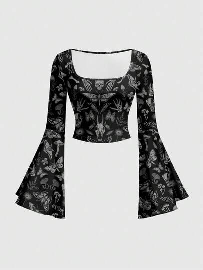 Grunge Punk Blusa de corte bajo con estética oscura y diseños góticos de flores, mariposas, sol, luna, polilla y setas para mujeres