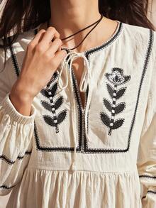 Easelle Women's Embroidered Knot Ruffle Hem Long Sleeve Mini Dress - Apricot - View 8