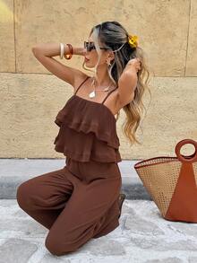 Serisse Damen Sommer Lässig Modischer Resort Stil einfarbiger Volant Träger Weite Bein Jumpsuit - Kaffeebraun - Übersicht 5