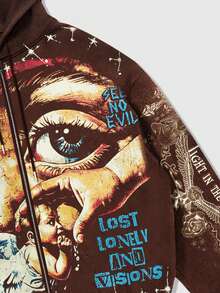 ROMWE MEN Street Life Men's Street Letter & Figure Print Zip-Up Hoodie - Coffee Brown - View 5