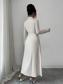 Rafferiza 女士修身长款系带通勤连衣裙 - 杏色 - 查看 2