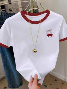 Resyla Plus Size Colorblock Bow & Cherry Print Round Neck Short Sleeve T-Shirt - White - View 1