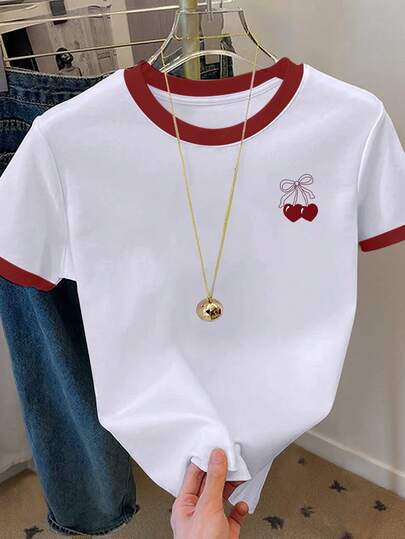 Resyla Camiseta de manga corta con cuello redondo, estampado de cerezas y bloques de color, talla grande