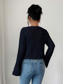 Elenzga Women's Elegant Tie-Up Hollow Out Flare Sleeve Lightweight Cardigan, Autumn - Navy Blue - View 2