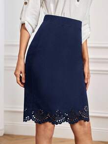 Miaspire Laser Cut Scallop High Waist Skirt - Navy Blue - View 3
