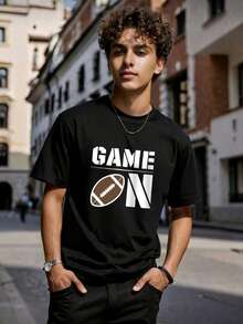 Letter Print Short Sleeve T-Shirts Casual Preppy Style Soft Comfy Versatile Tees for School Daily Outings Sports Party - Negro - Ver 1