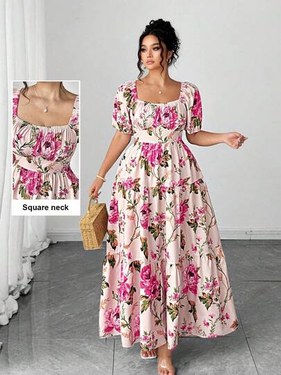 Elenzga Plus Size Women's Elegant Fashion Personalized Versatile Literary Celebrity Romantic French Rose Floral Dress, Suitable For Summer, Back To School, Graduation, Holidays, Valentine's Day, Music Festivals, Mother's Day, Halloween, Thanksgiving, Easter, National Day, Balls, Dates, Parties, Outings