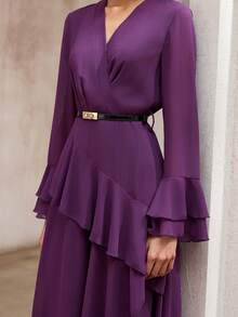 Aveloria Modichic Vestido de manga larga con cuello en V, cintura ceñida, doble capa de volantes y cinturón de contraste, versátil para la oficina y el transporte - Morado - Ver 4