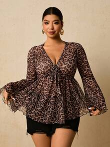 Travachic Plus Size Women Leopard Print Flare Sleeve Top - Brown - View 5