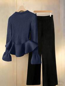 Franclia Women's Autumn Elegant Navy Blue Knitted Sweater Two-Piece Set,Long Sleeve Ruffled Hem Pullover&Elastic Waist Trousers,Commuter Brunch Business Outfit - Multicolor - View 2