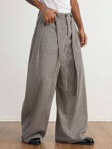 TOKVUE 男士复古休闲通勤条纹阔腿裤，美拉德风格，男士阔腿裤，男士褶裥裤，男士宽松裤，街头热销INS风裤装，格子宽松直筒裤，美式休闲休闲裤，日常男友/老公礼物，周年纪念礼物，圣诞节穿搭，复古商务休闲裤，秋冬 - 棕色 - 查看 5