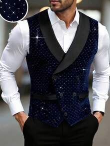 Manfinity AFTRDRK Men's Business Casual Luxury Rhinestone Vest, With Shawl Neck Design For More Stylish And Layered Look, Suitable For Daily Commute, Business, Party And Banquet Wear. This Vest Is An Indispensable Versatile Item In Men's Wardrobe, And A Great Gift For Boyfriend Or Husband Rhinestone Clothes Men Luxury Clothes For Men Mens Fancy Wedding Vest Party Wear For Men Tuxedo Vest For Men