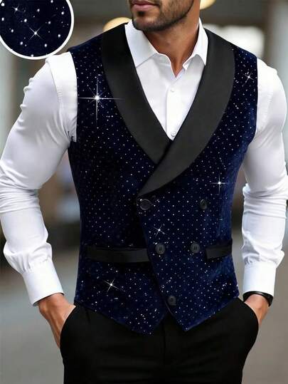 Manfinity AFTRDRK Men's Business Casual Luxury Rhinestone Vest, With Shawl Neck Design For More Stylish And Layered Look, Suitable For Daily Commute, Business, Party And Banquet Wear. This Vest Is An Indispensable Versatile Item In Men's Wardrobe, And A Great Gift For Boyfriend Or Husband Rhinestone Clothes Men Luxury Clothes For Men Mens Fancy Wedding Vest Party Wear For Men Tuxedo Vest For Men