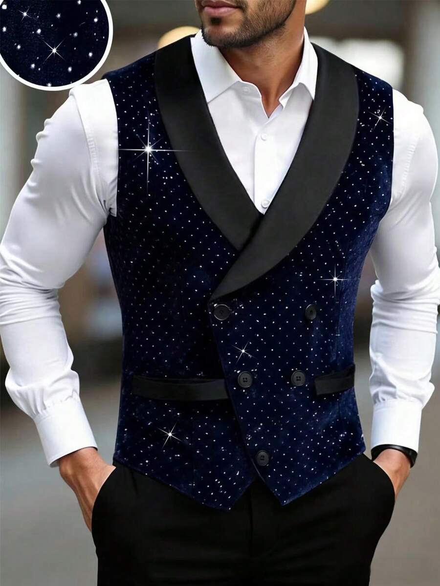 Manfinity AFTRDRK Men's Business Casual Luxury Rhinestone Vest, With Shawl Neck Design For More Stylish And Layered Look, Suitable For Daily Commute, Business, Party And Banquet Wear. This Vest Is An Indispensable Versatile Item In Men's Wardrobe, And A Great Gift For Boyfriend Or Husband Rhinestone Clothes Men Luxury Clothes For Men Mens Fancy Wedding Vest Party Wear For Men Tuxedo Vest For Men