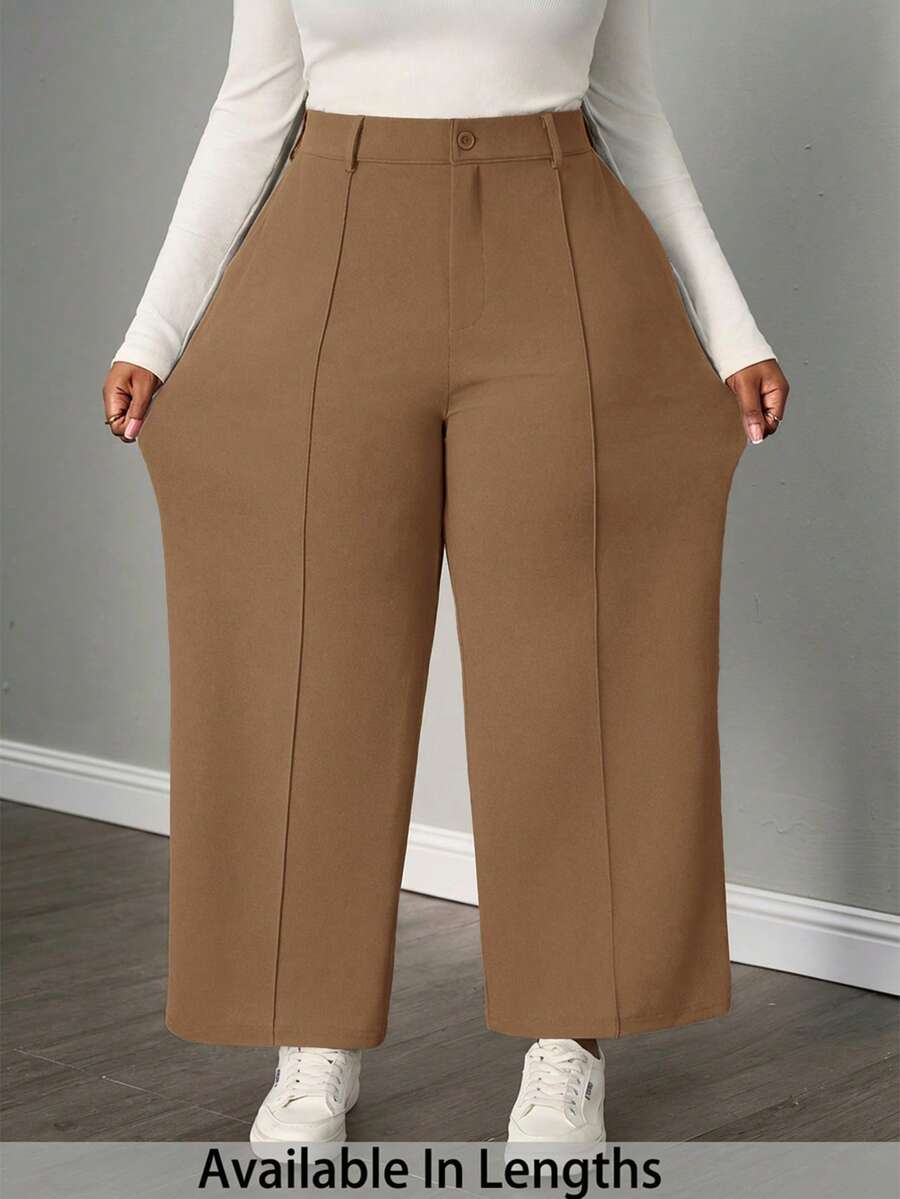 SHEIN PETITE CURVE 大码休闲纯色高腰西装裤 - 卡其色 - 查看 1