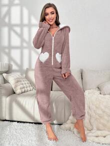 Dream Adore Bộ đồ ngủ liền thân dài tay có mũ trùm đầu bằng vải nỉ họa tiết trái tim dành cho nữ. - Bụi hồng - Xem 3