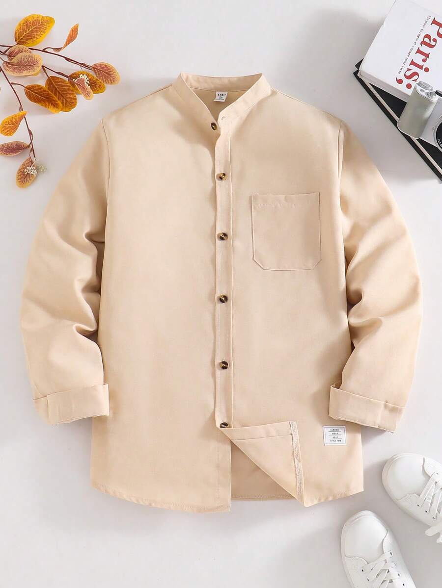 SHEIN 青少年男童休闲拼接长袖衬衫 - 杏色 - 查看 1