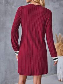 SHEIN LUNE 女士休闲撞色针织罗纹领口和袖口装饰长袖中长连衣裙，适合春秋季穿着。 - 彩色 - 查看 2