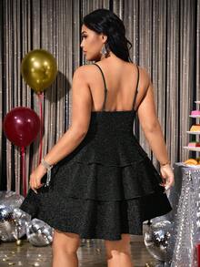Hourglow Valentine Plus Size Women's Fashionable Party Sequin Strap Multi-Layer Dress, For Hourglass Body Shape - Black - View 8