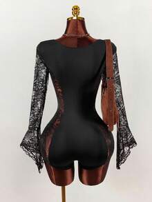 Amplova 性感撞色蕾丝收腰女士吊带连体衣，配长喇叭袖和透视侧片 - 黑色 - 查看 7
