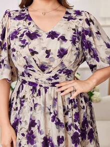 Modelyn 大码女士优雅印花收腰A字连衣裙 - 紫色 - 查看 3