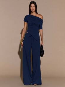 SHEIN BAE 秋冬纯色棕色性感不对称肩短袖上衣和裤子两件套；秋冬保暖加厚针织两件套；基础款针织不对称肩上衣 - 藏蓝色 - 查看 3