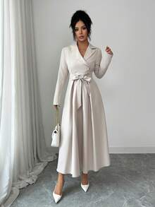 Rafferiza 女士修身长款系带通勤连衣裙 - 杏色 - 查看 8