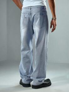 ROMWE MEN Street Life 男士浅色水洗格子刺绣牛仔裤 - 藍色 - 查看 2