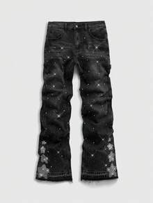 ROMWE MEN Men's Rhinestone Embellished Jeans, Suitable For Everyday Wear, Spring/Summer - Grey - View 1